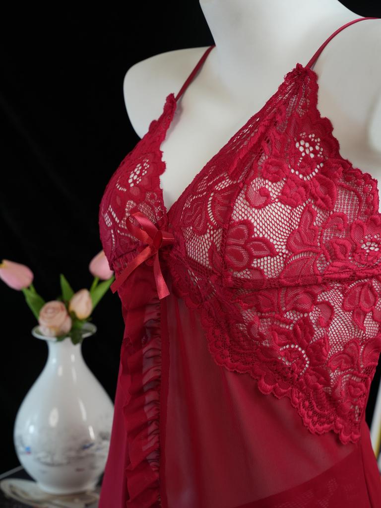 Тонкий стиль стринги контрастная кружевная отделка оборками комплект нижнего белья глубокий V платье-комбинация вещь женское сексуальное нижнее белье Lenceria Mujeres винно-красный