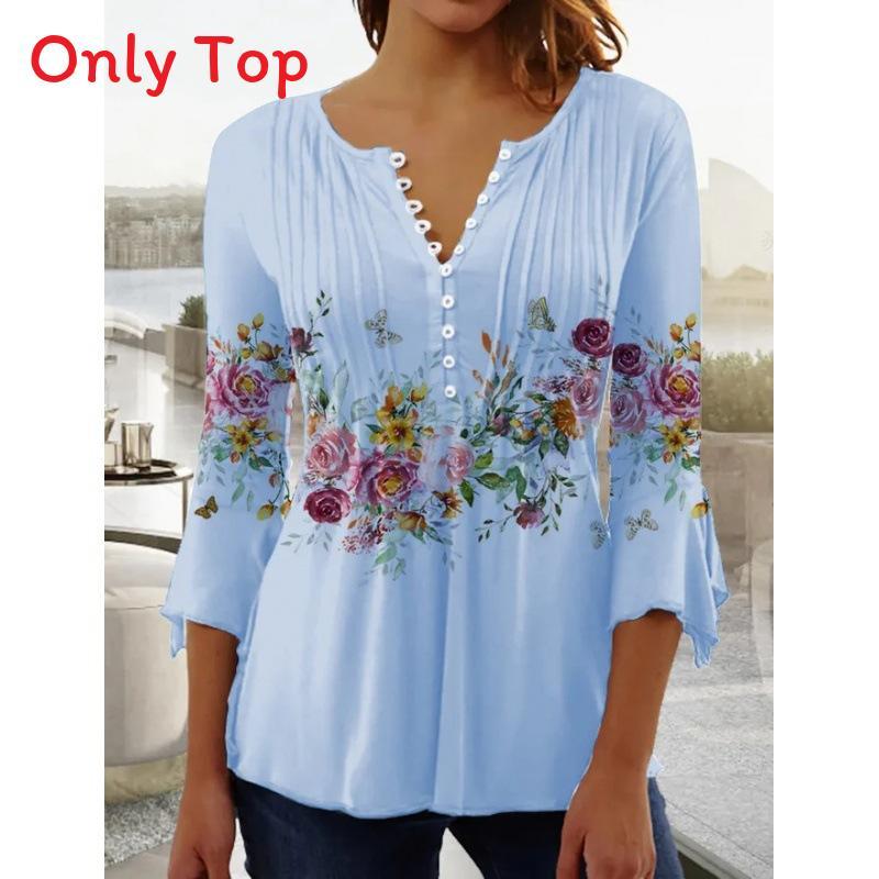 Floral Print T Shirt For Women With 3d Effect Polyester V Neck Short Sleeve Casual Top