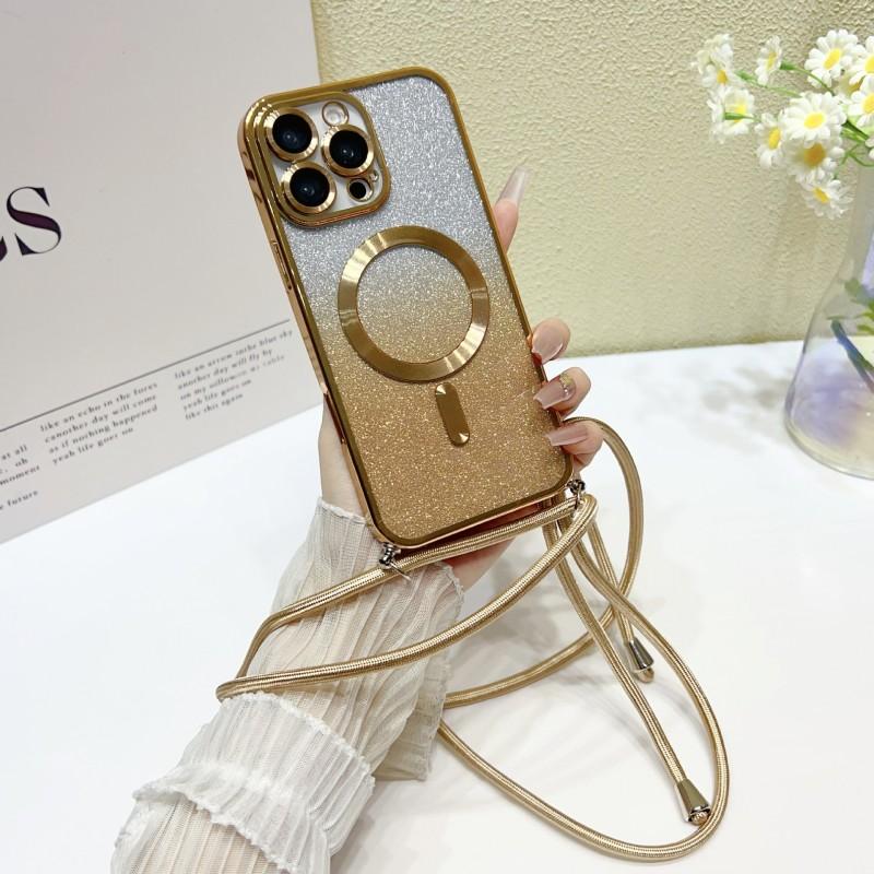 Магнитный чехол со шнурком-ремешком для Samsung S25 Ultra Galaxy S24 FE S21 S26 S22 S23 Plus A56 Беспроводная зарядка Блестящее покрытие Чехол-сумка на ремешке через плечо