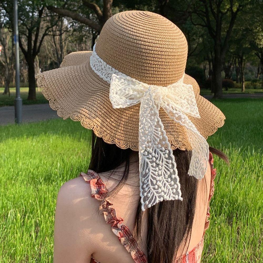 Весенне-летняя пляжная соломенная шляпа во французском стиле, женская шляпа от солнца, элегантная соломенная шляпа с кружевным бантом для отдыха на открытом воздухе