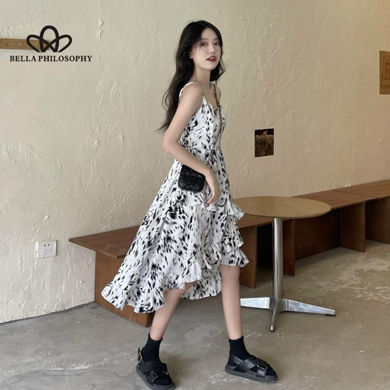 French Style Gentle Floral Print Sling Waist Dress Women's Summer Design Printed Irregular Skirt Ruffled Dress