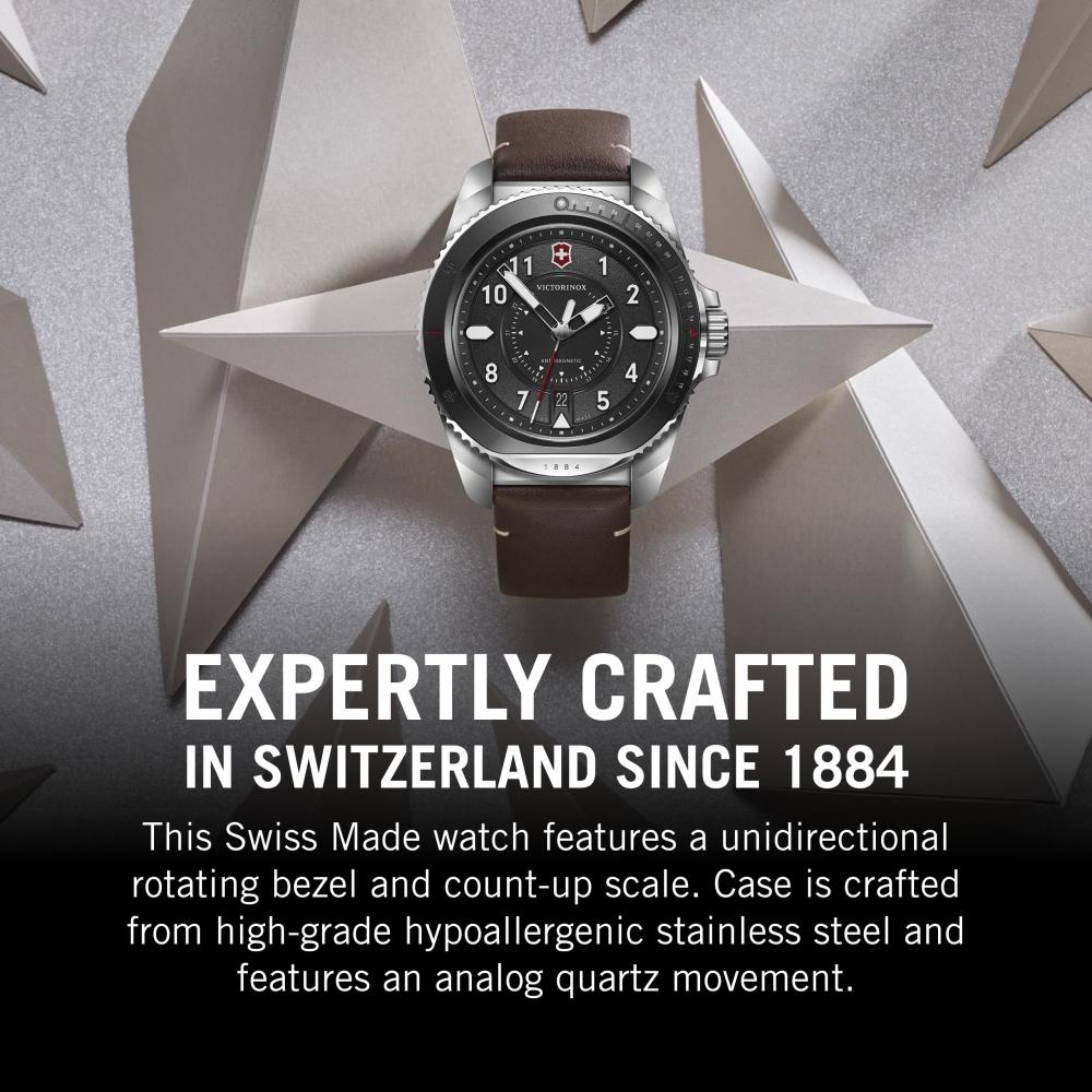 Victorinox Часы JOURNEY 1884 мужские, корпус из нержавеющей стали (316L) Черный циферблат, коричневый кожаный ремешок, поставляется со сменным каучуковым ремешком, кварцевый водонепроницаемый A