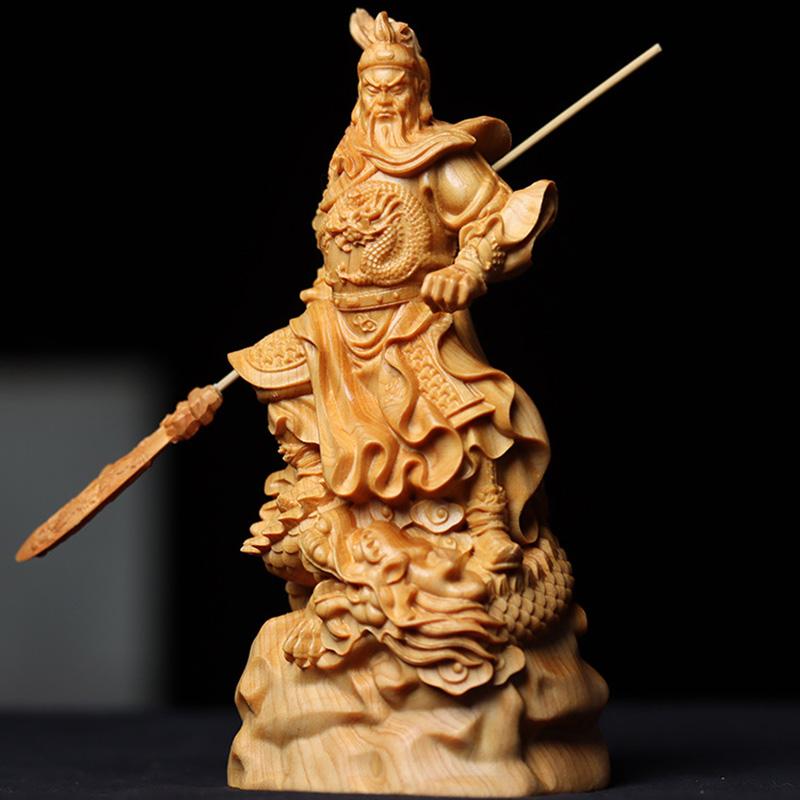 Natural Cypress Nine Dragons Guan Gong Statue Wealth God Guan Gong Chinese Style Home, Room, Office, and Character Decorations