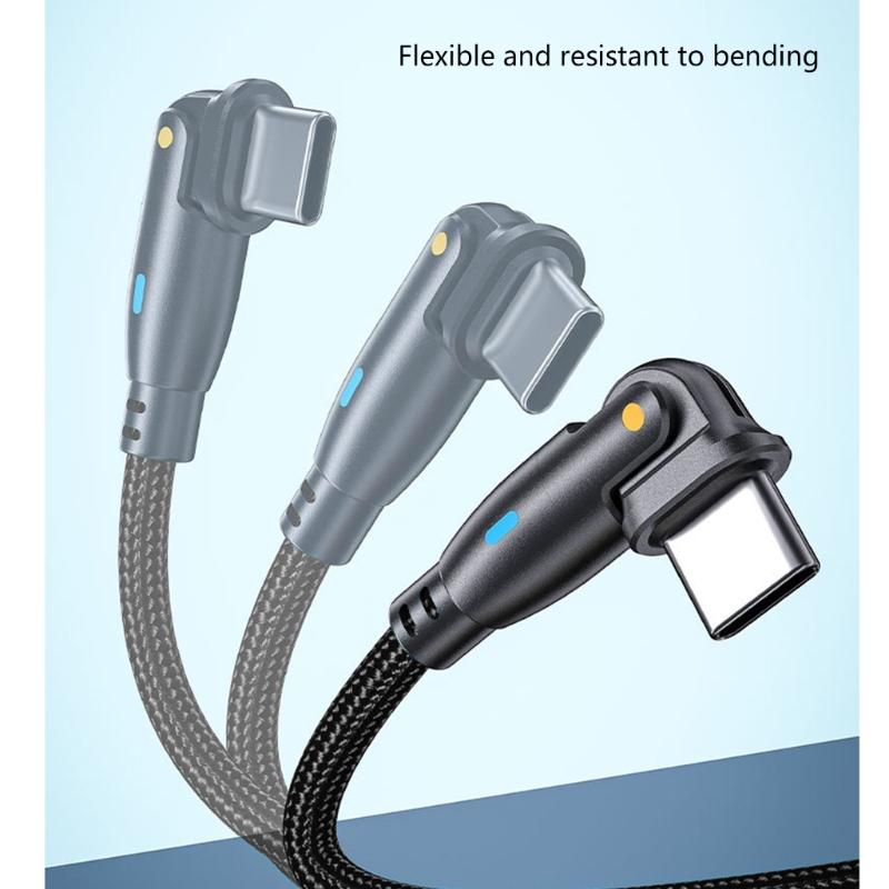 Кабель Type C мощностью 60 Вт со светодиодной подсветкой, оплеткой из нейлона, USB C, для быстрой зарядки, с регулируемыми на 180 градусов головками для удобства