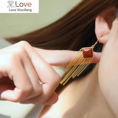 Серьги-кисточки из натурального южно-красного халцедона с геометрическим узором в китайском стиле в стиле ретро, элегантные, уникальные, женские ювелирные изделия ручной работы
