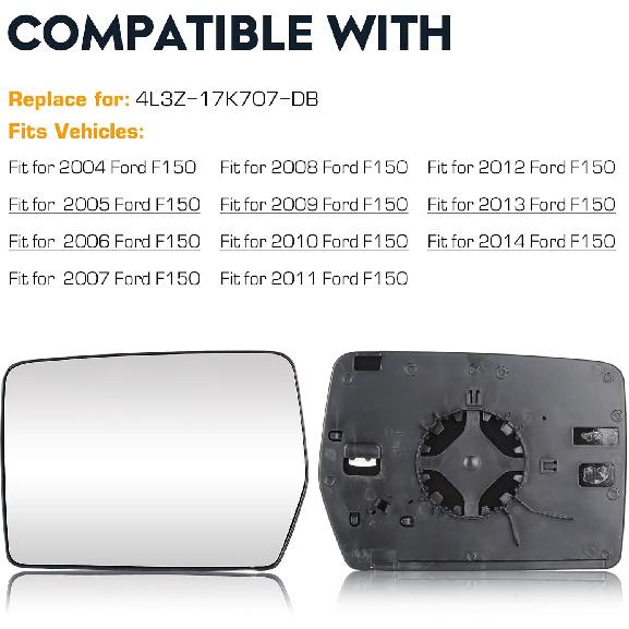Driver Left Side Heated Mirror Glass Compatible With 2004-2014 Ford F-150, Side View Exterior Mirror With Rear Holder, Replacement For 4L3Z-17K707-DB