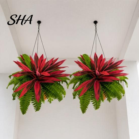 Fake Hanging Plants for Patio UV-Resistant Artificial Fern And Red Dracaena Decorative Plants, Lifelike Faux Full Lush Bushes Flower Baskets