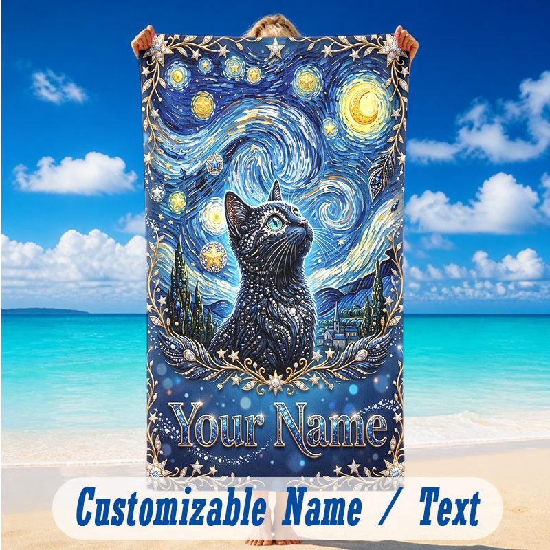 Cat Theme Beach Towel Personalized Custom Name & Text Soft Quick Dry Beach Towel for Swimming Travel