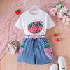 Комплект одежды для девочек, весна-лето, детский повседневный комплект из трех предметов с короткими рукавами и принтом клубники