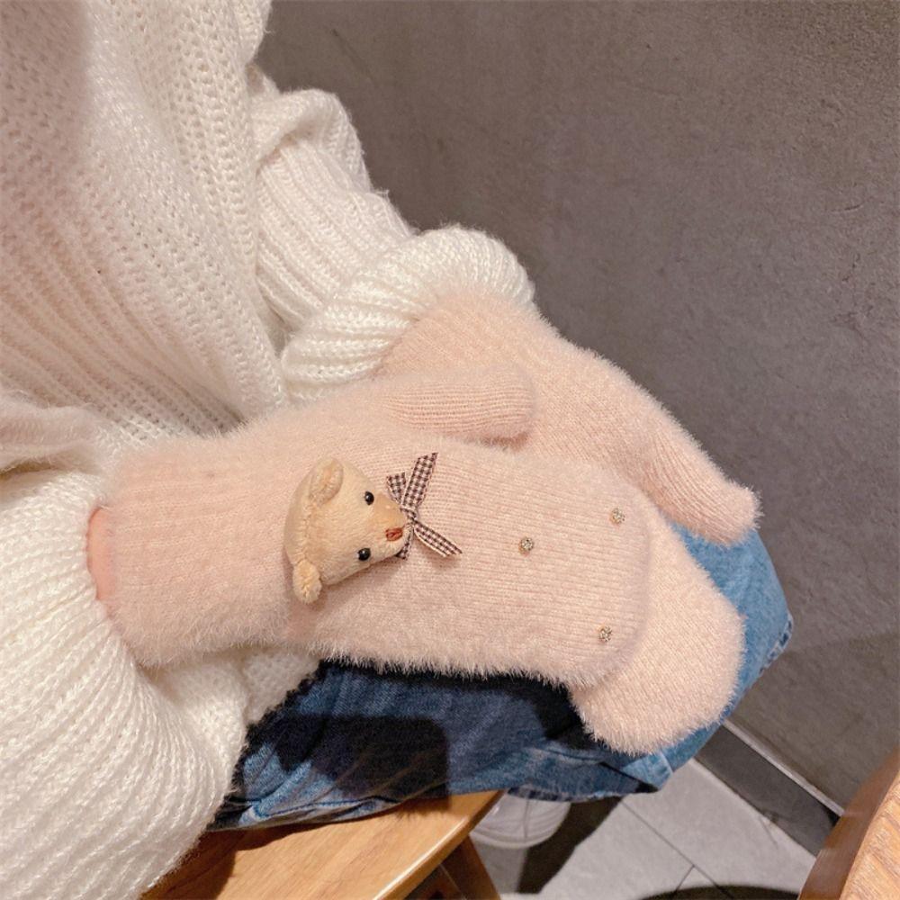 Утолщенные плюшевые перчатки с бантом, варежки с полными пальцами, милые перчатки, креативные студенческие вязаные перчатки, женские