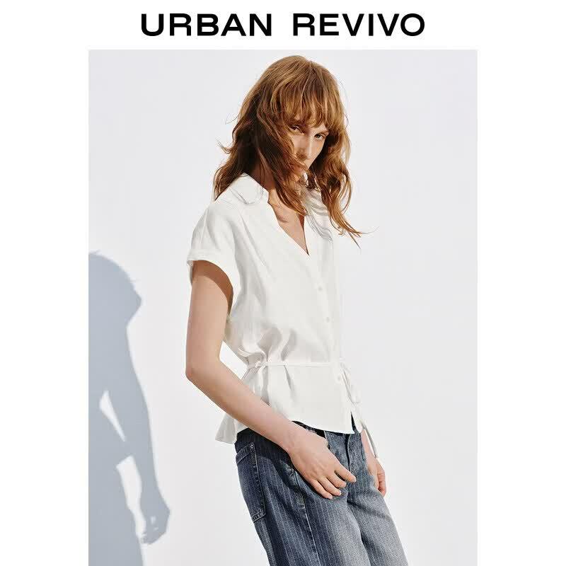 UR2026 Women's Elegant V-Neck Back Slit Linen Blend Shirt