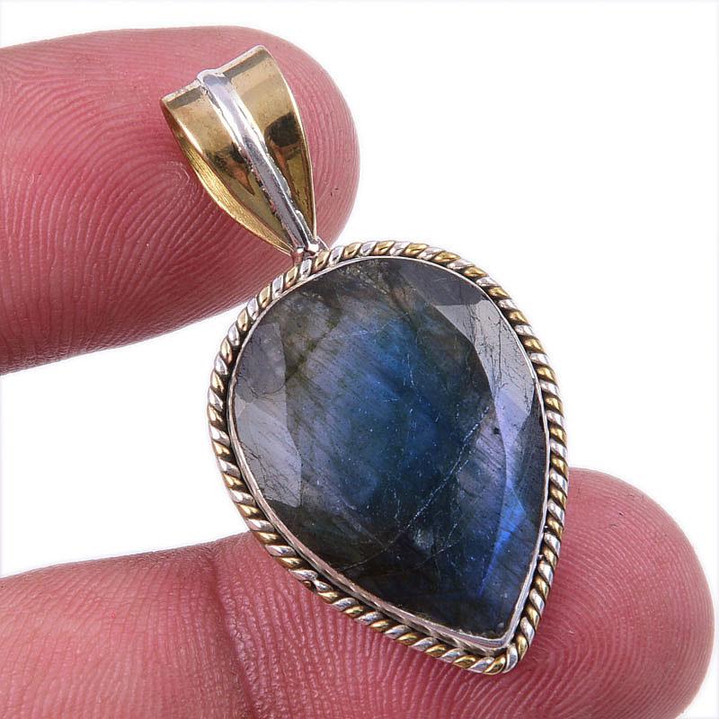 Natural Labradorite 925 Solid Sterling Silver Jewelry TwoTone Pendant 1.50" u9E31
