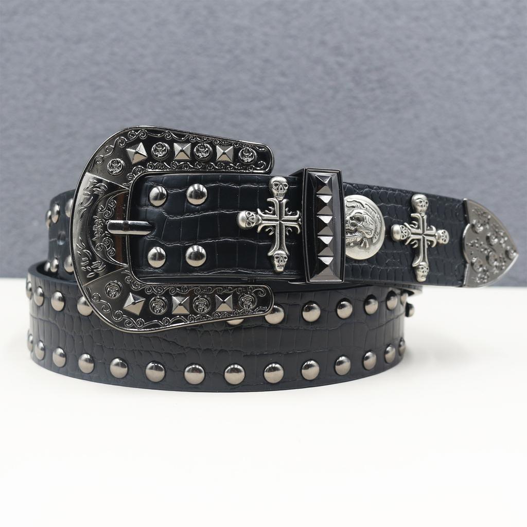 Crocodile Pattern American Western Rivet Cross Skull Rivet Strap Punk Men's Belt Women