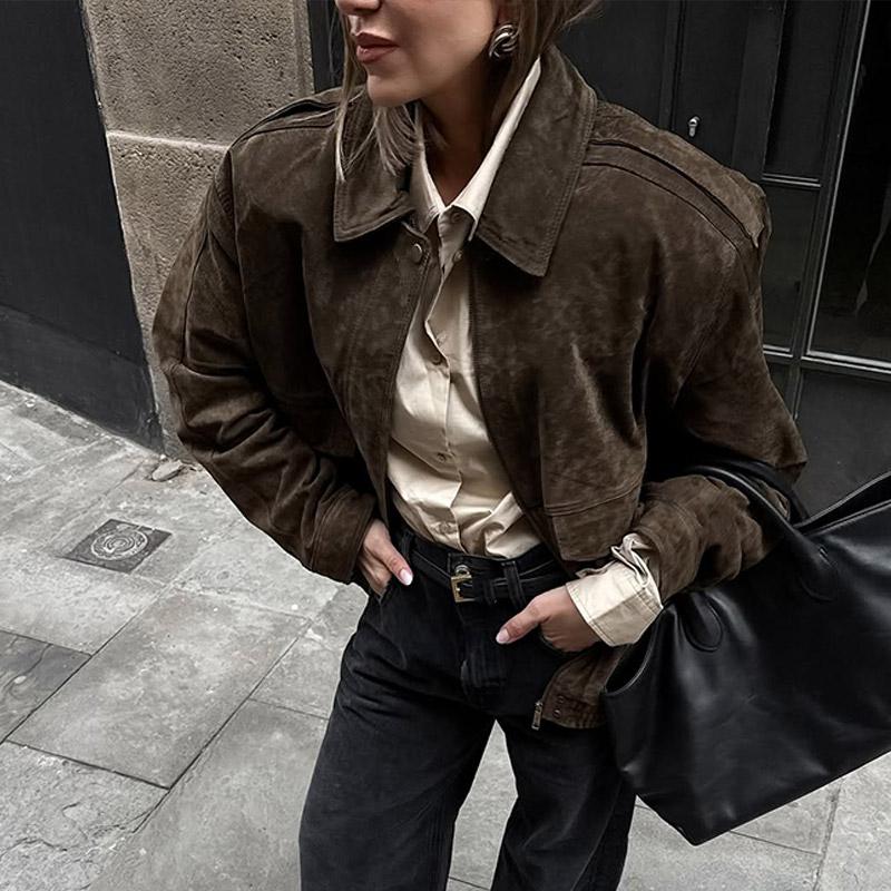Retro Collar Zipper Jacket Women's Streetwear Loose Casual Coat Fashionable Motorcycle Jacket