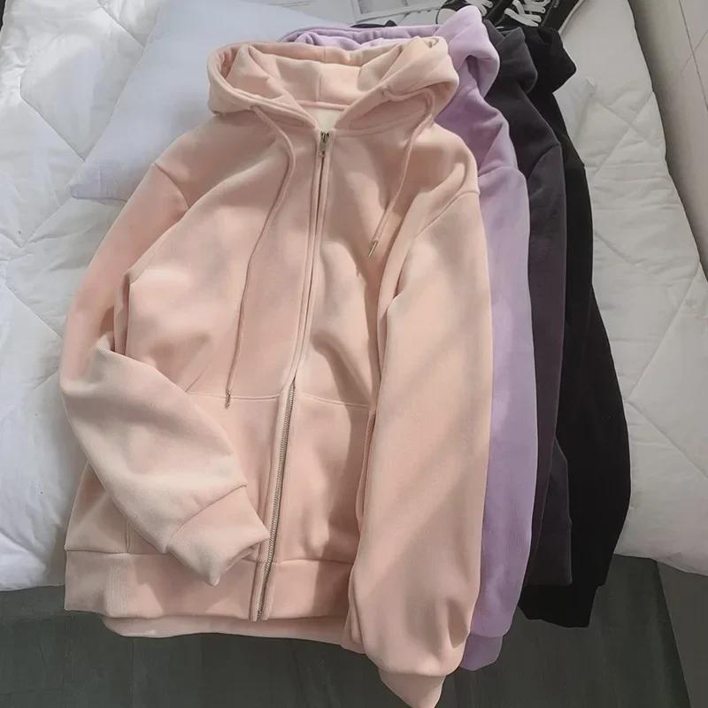Женская плюшевая утолщенная розовая толстовка с капюшоном - повседневная куртка с длинными рукавами в корейском стиле на молнии для осени и зимы