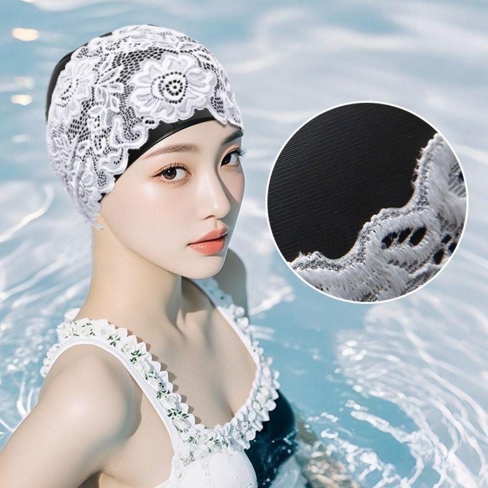 PU Swimming Cap Lace Ear Protect Cap Fashion look Waterproof Swim Hat Adult women