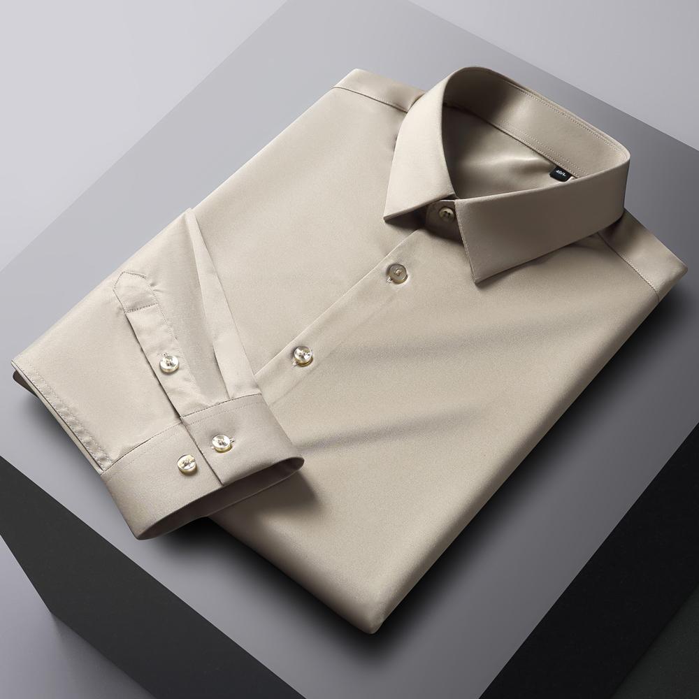 Мужская однотонная немнущаяся рубашка с длинным рукавом и эластичной тканью, шелковисто-гладкая, приятная к коже, простая в уходе, формальная мужская одежда, рубашка на пуговицах