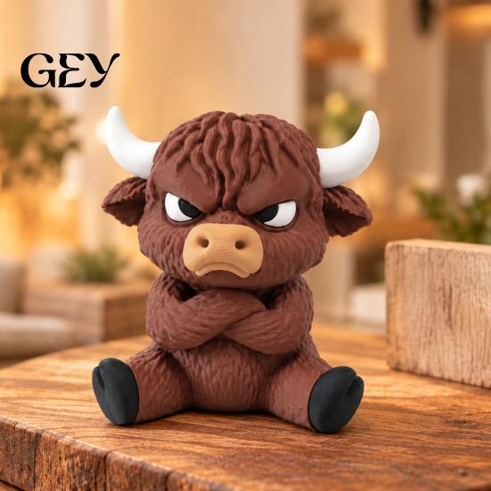 Collectible Cow Toy 3D Printed Angry Highland Figurine, Cute Attitude Animal Desktop Unique Statue Ornament, Sitting for Home Office Table Decor