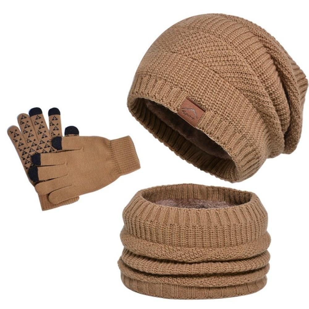 3pcs Warm Thermal Knit Cap Solid Color Winter Beanie Hat Neck Warmer Hat Scarf Gloves Set Outdoor