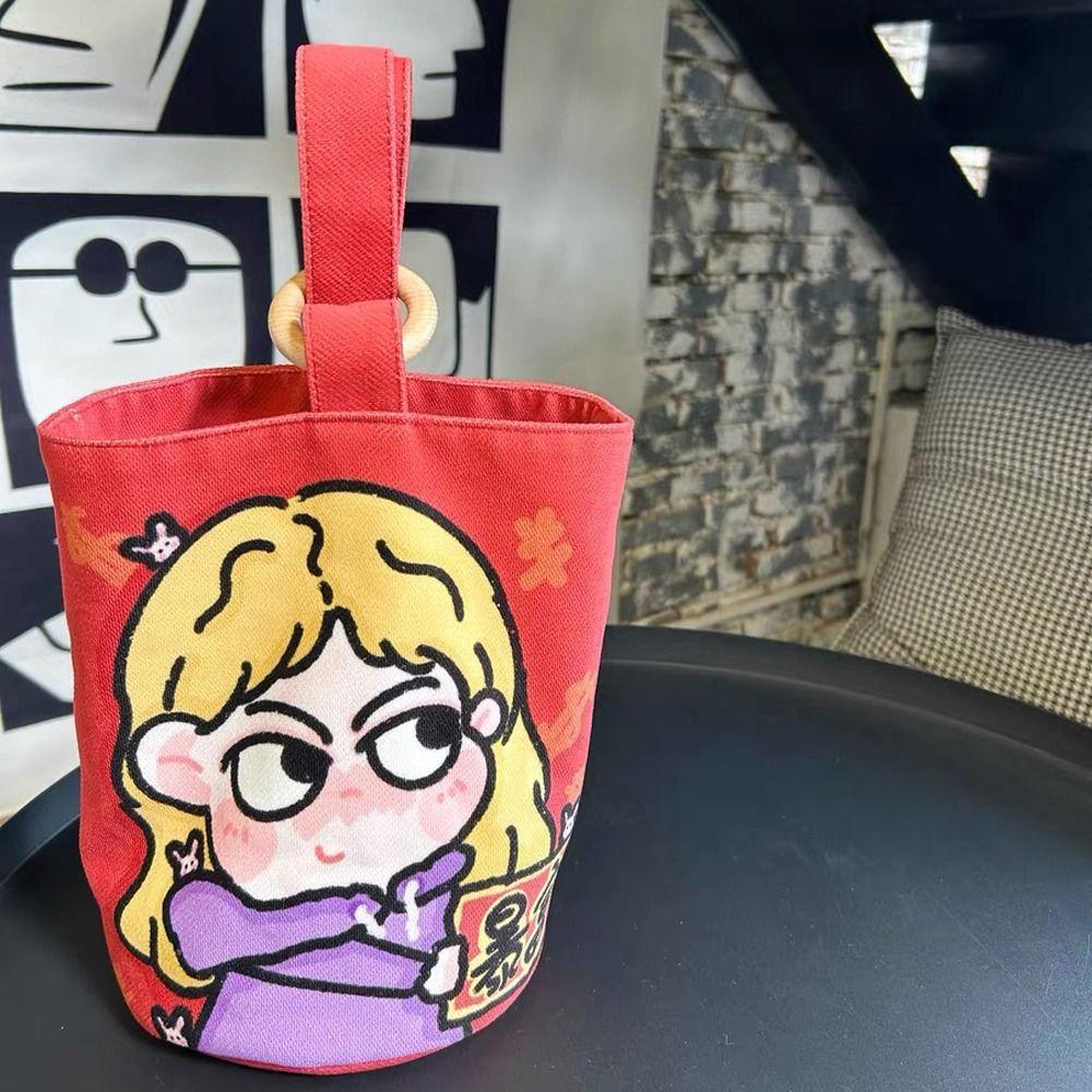 Lovely Girl Canvas Cartoon Bucket Handbag Letter Cartoon Lunch Bag Sweet Letter Tote Bag Outdoor