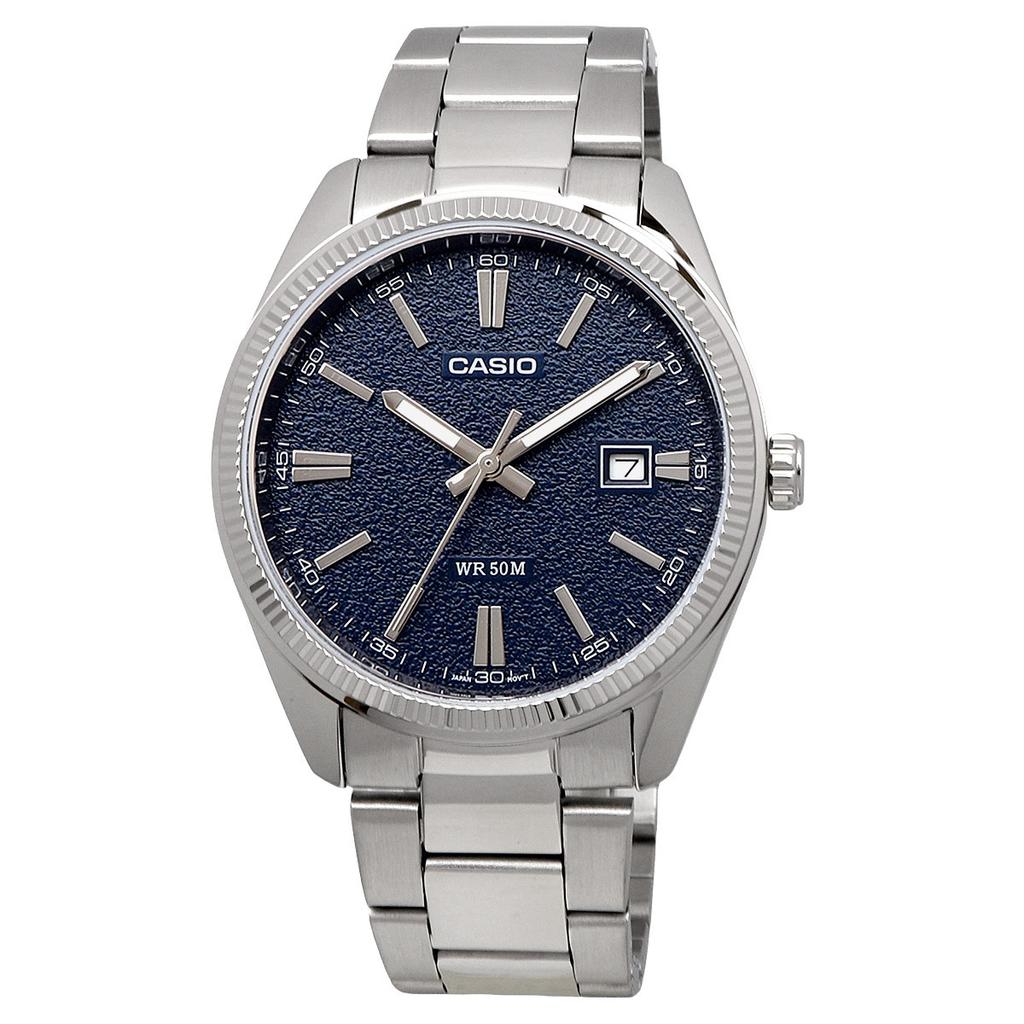 CASIO Analog Metal Navy Textured Finish Watch, Quartz, Band, Silver, Dial, MTP-1302DA-2A1V [ d]