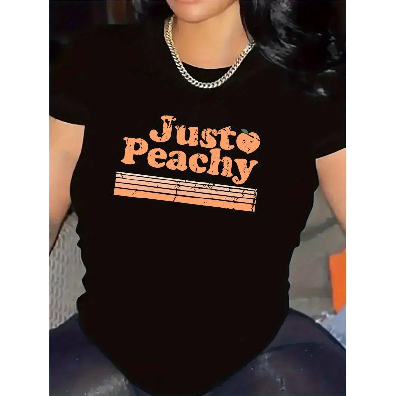 Европейские размеры Женская футболка с графическим принтом "Just Peachy" - Белая с оранжевым персиковым дизайном Для ресторанов и активного отдыха