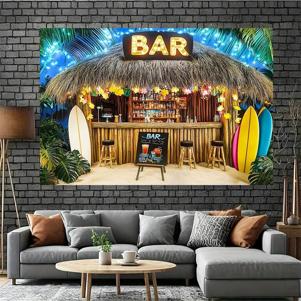 Vibrant Tropical Beach Bar Background Banner - "BAR" design featuring palm trees and surfboards made of polyester fiber