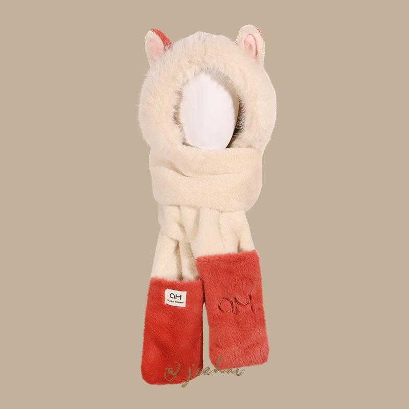 Hat Winter Fluffy Fire Fox Ears Warm Ski Scarf Gloves Integrated Hat Women's Thickened Three-piece Set