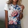 2025 New Summer Temperament Women's Floral Blue Printed Women's T-shirt Round Neck Short Sleeve Street Casual Daily Basic Tops