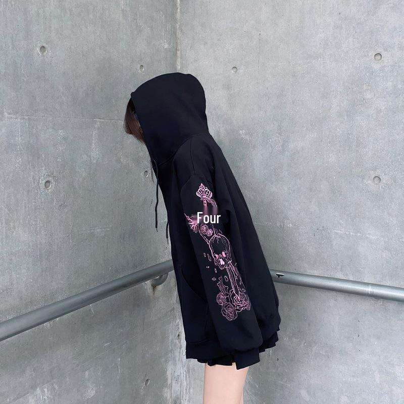 Retro Black Printed Zipper Hoodie: Women's Korean, European, & American Style Sweatshirt
