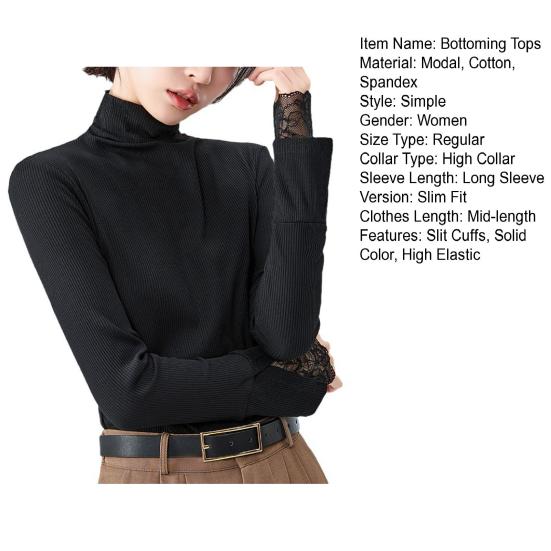 Женские топы-топы Slim Fit с высоким воротником и длинными рукавами с разрезами и кружевными манжетами
