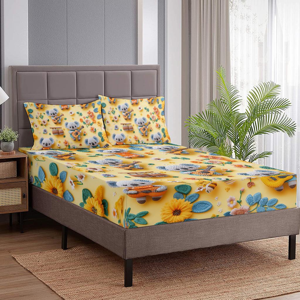 Three-Piece Bed Linen Set In A Warm Shade Of Mustard With 2 Pillowcases, Suitable For The Bedroom (Animal, Souvenir)