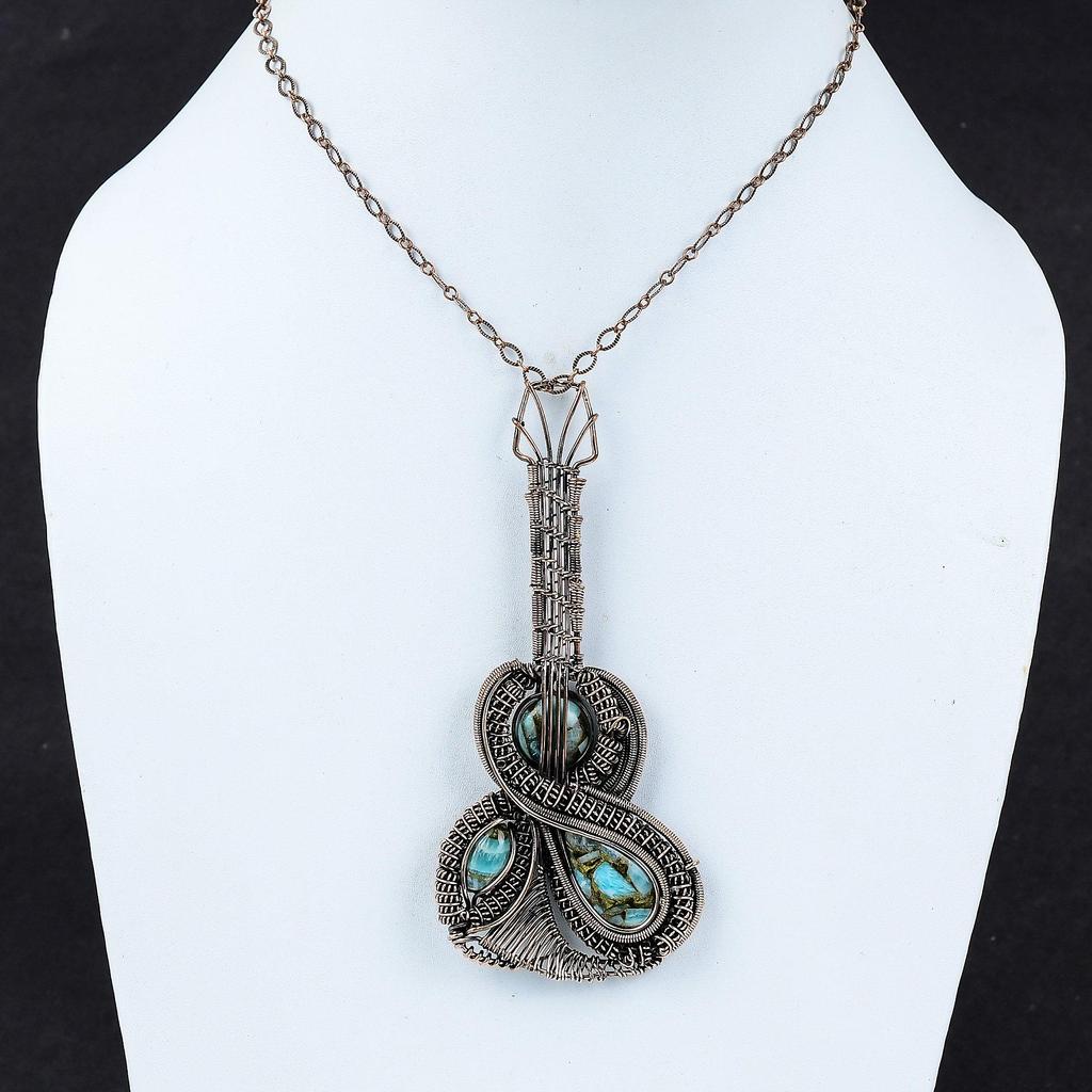 Copper Amazonite Pendant Copper Wire Wrapped Gemstone Jewelry Guitar Pendant Amazonite Handmade Jewelry Copper Wire Pendant Engagement Gift
