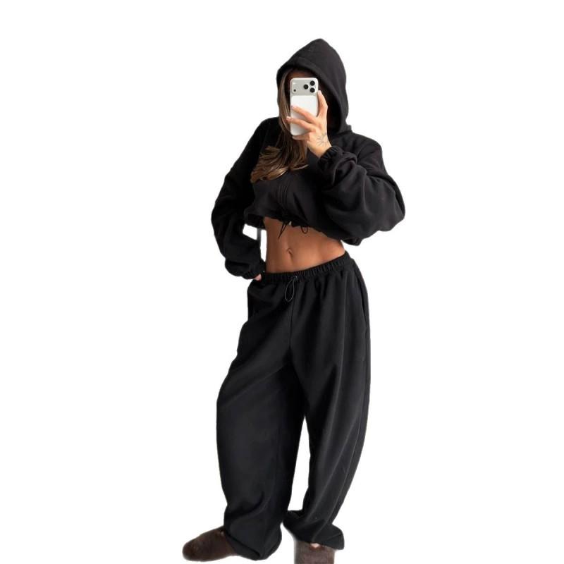 2026 Fall Winter Womens Hooded Drawstring Cropped Zipper Jacket Straight Leg Pants Set Loose Streetwear Two Piece Outfit