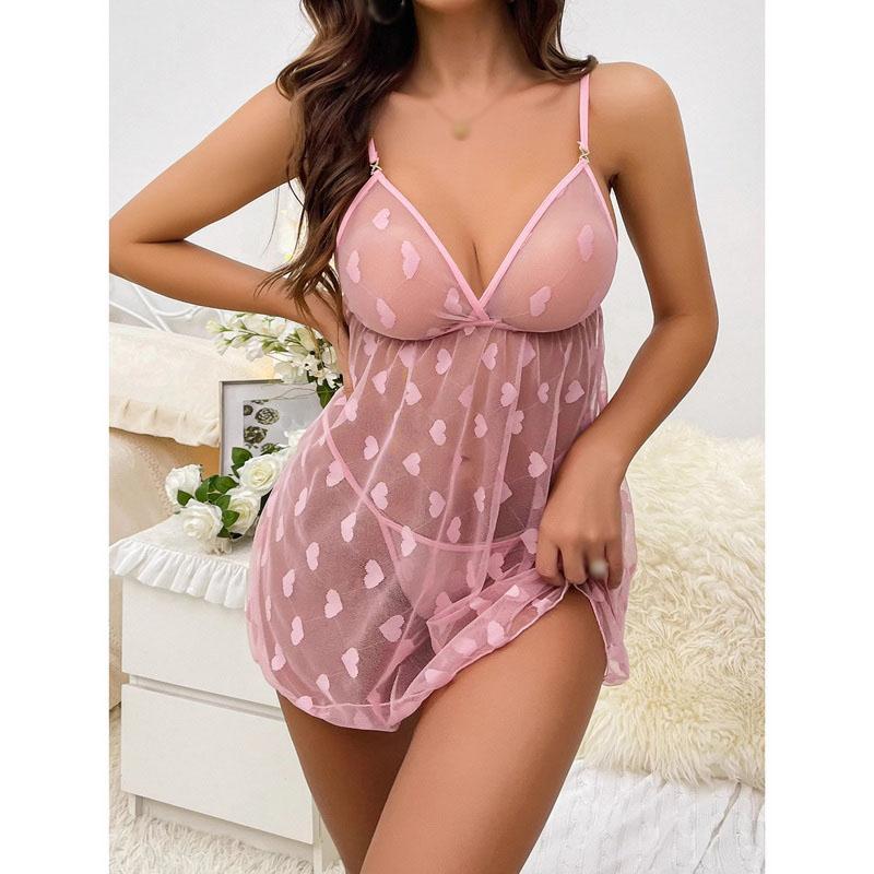 Женское сексуальное нижнее белье с сетчатыми бретельками, прозрачная ночная рубашка, спагетти, розовое платье-слинг, комплект эротического нижнего белья с стрингами