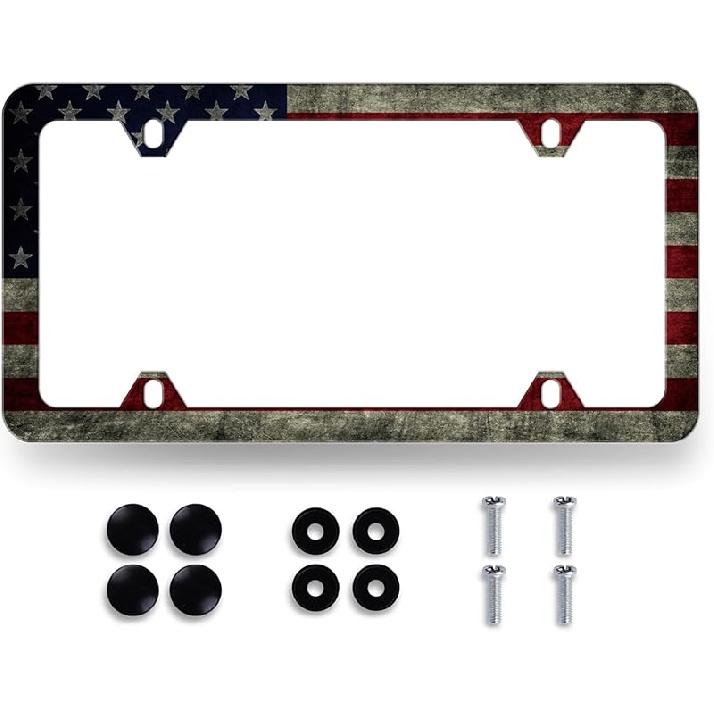 Vintage American Flag License Plate Frame Patriotic USA Flag License Plate Personalise Stainless Steel Auto Parts Funny License Plate Decoration With