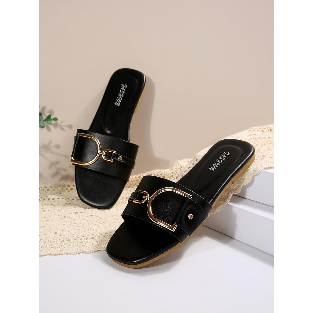 Женская обувь, новые модные тапочки, классический темпераментный комплект, однотонные сандалии с квадратным носком и металлическими украшениями