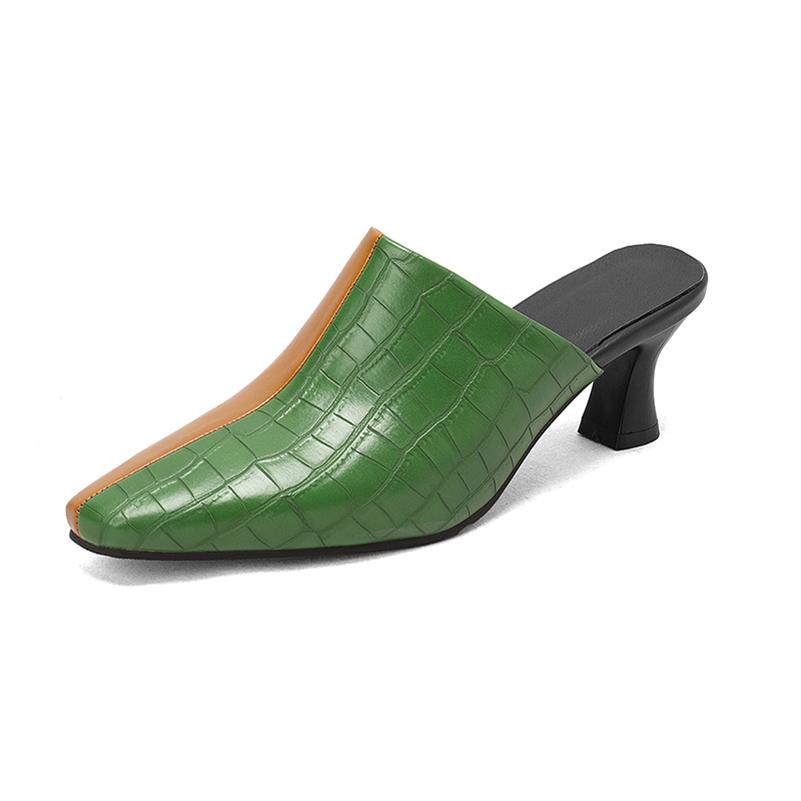 Женские туфли-лодочки-сабо с квадратным носком, на толстом среднем каблуке, разноцветные, женская модная повседневная обувь, весна-осень, черный, белый, зеленый 46