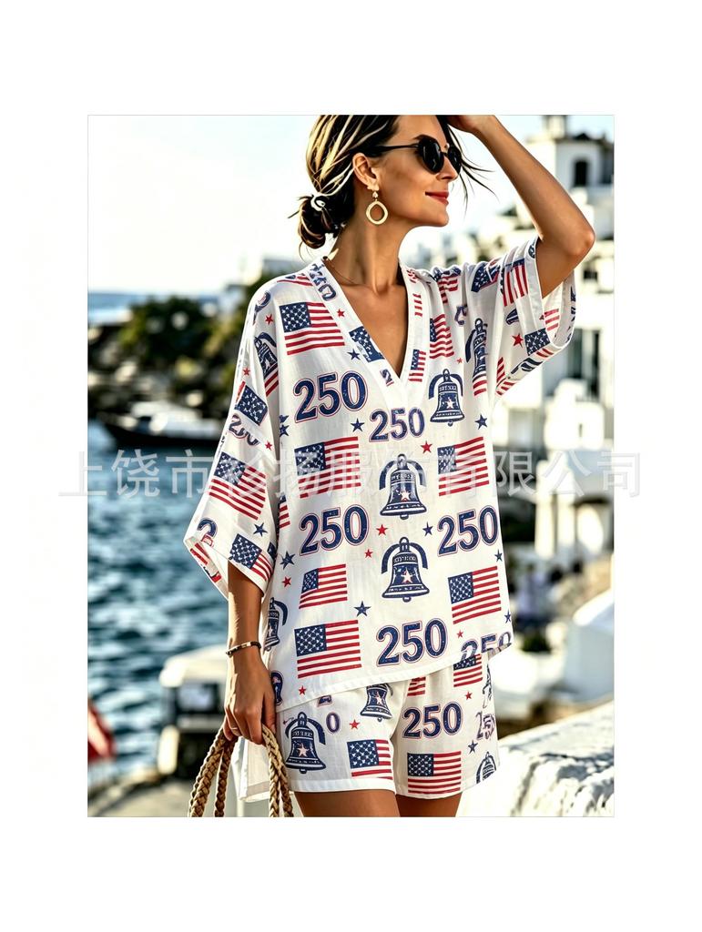 American Independence Day Fireworks National Flag Print Set Tie-Dye Color-Blocking Loose V-Neck Short Sleeve