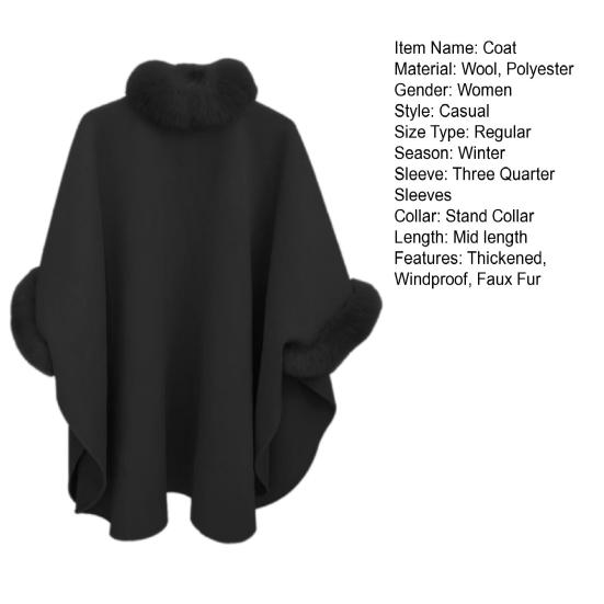 Женское зимнее пальто-накидка с рукавами «летучая мышь» Толстая шаль Свободный воротник-стойка Однотонный декор из искусственного меха Теплая повседневная одежда для работы и отдыха на открытом воздухе Пончо
