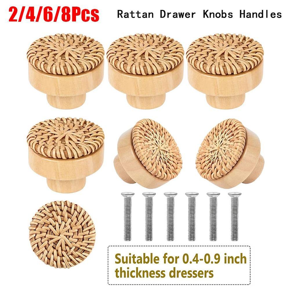 2/4/6/8Pcs Round Rattan Drawer Knobs Solid Wood Door Pulls  Furniture Hardware Accessories
