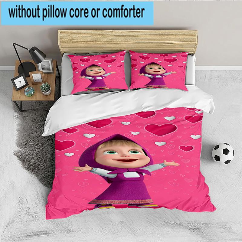 Heart-themed Ma-sha Illustration. 3PCS Bedding set,Ideal for 1pc Duvet Cover And 2pcs Pillowcases Perfect for Fan gift,Ideal for Bedroom, Dormitory