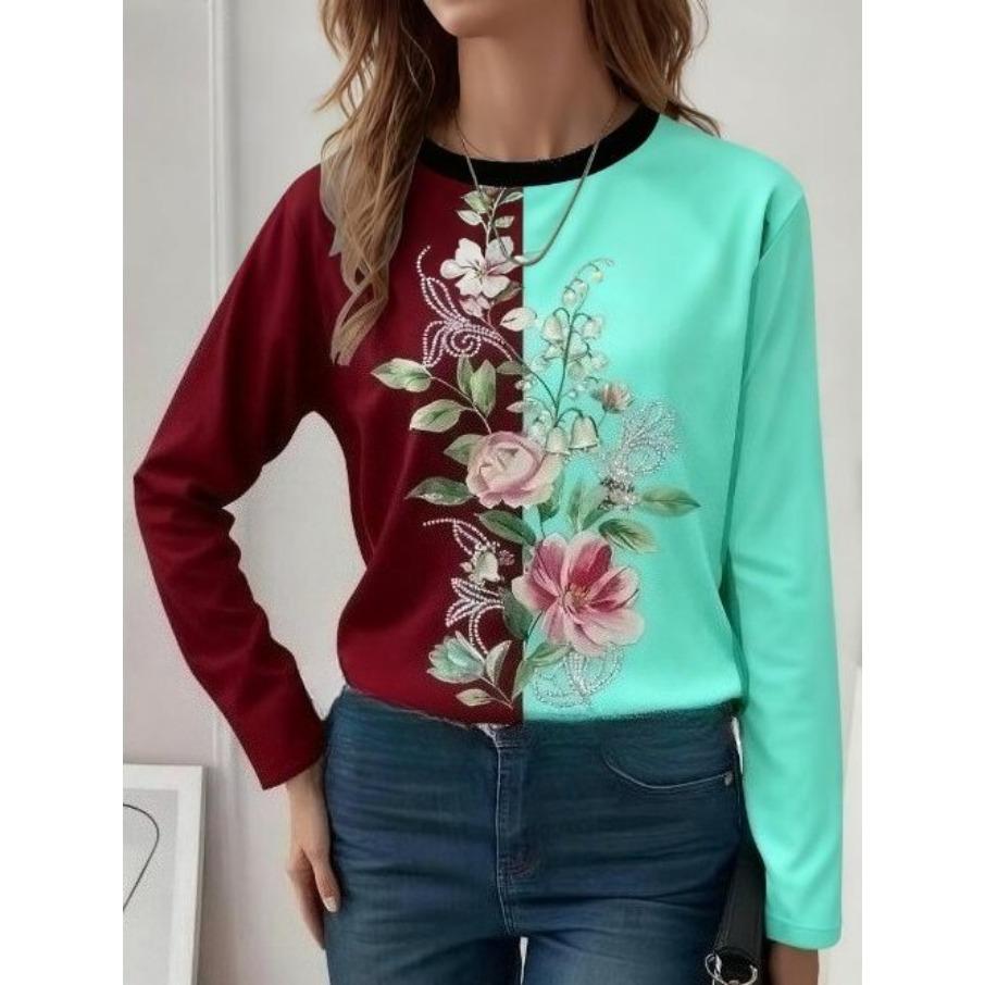 Women Fashon Polyester Comfortable T Shirts Sports Floral Contrast Color 3D Print Loose Round Neck Long Sleeve T-shirt Top