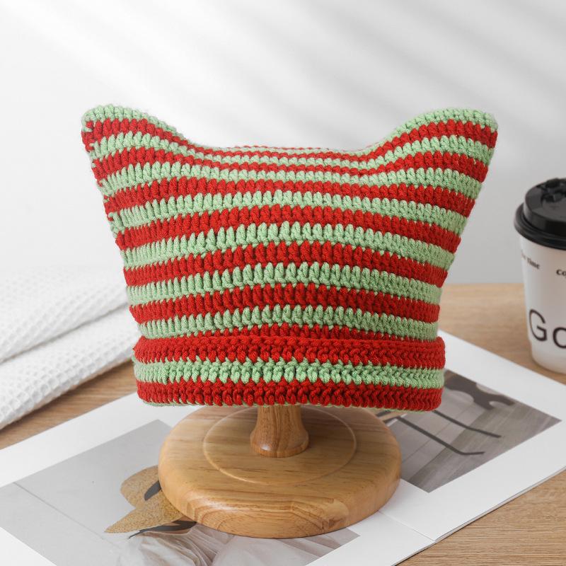 Шапка осенне-зимняя вязаная шерстяная шапка забавная шапка с кошачьими ушками зимняя теплая полосатая шапка дьявола тренд