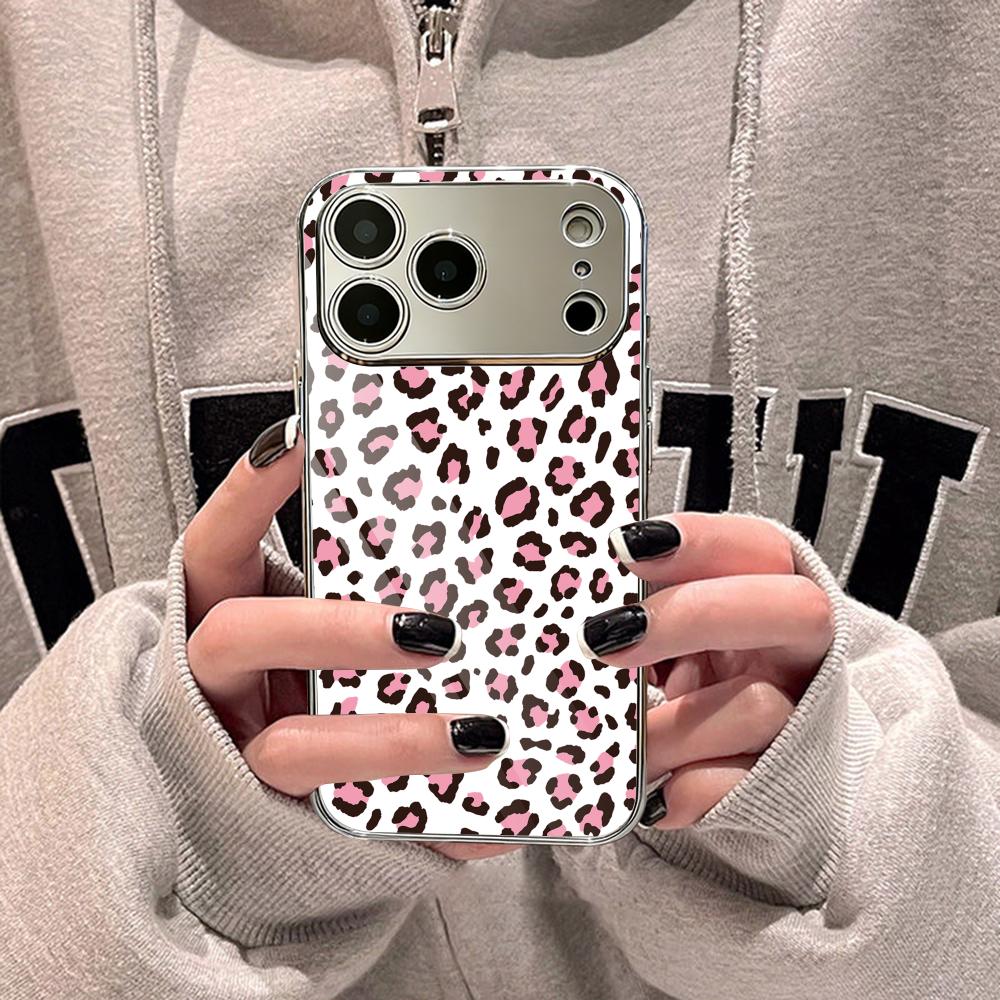 Fashion Leopard Cute Phone Case For iPhone 17 16 15 14 13 12 Pro Max Plus Electroplated Metal Shockproof Bumper Case Glass Back