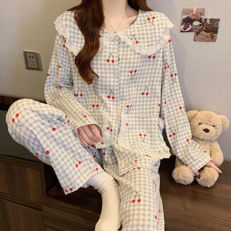 Light luxury elegant purple floral pajamas women's spring cloud cotton long-sleeved loungewear doll collar two-piece set