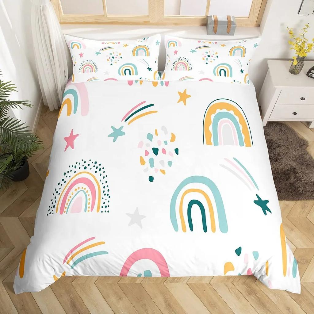 Red Valentine'S Day Rainbow Duvet Cover Twin Size,Cartoon Love Heart Bedding Set For Girls Women Moon Leaves Comforter Cover