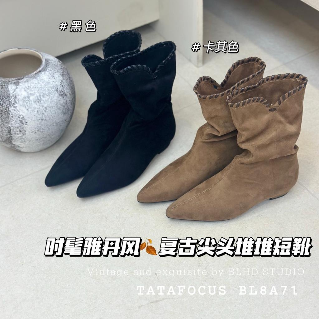 2025 новые взрывные ботинки интернет-знаменитости в стиле ретро из замши с острым носком на низком каблуке, плиссированные ботинки средней длины, модные повседневные женские ботинки в западном стиле