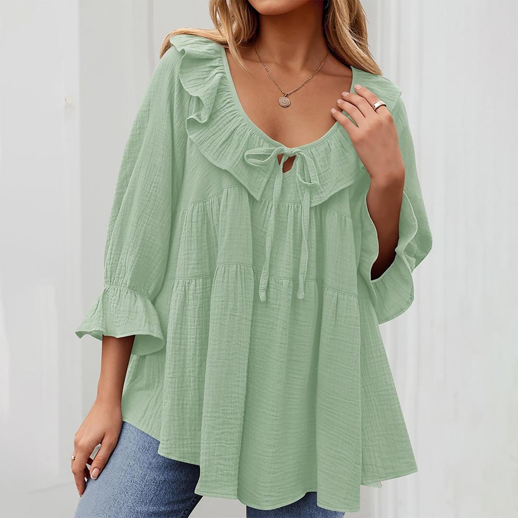 Женская туника-рубашка с круглым вырезом, завязками спереди, складками, декорированная, многослойная, свободная, с рукавами-семью точками