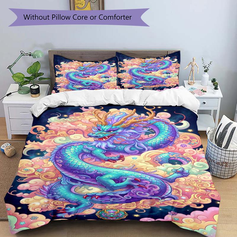 3Pcs Colorful Dragon Fantasy Bedding Set Soft Fabric Duvet Cover Pillowcases Home Christmas Xmas Halloween Gift 1 Duvet Cover 2 Pillowcase G1280